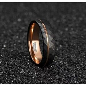 Tungsten Carbide Steel Ring Mens Inlaid Rose Gold Black Rhombic Design Wedding